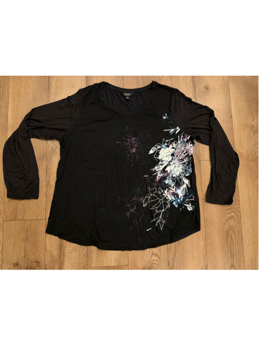 NEW Simply Vera Wang Black Floral Long Sleeve Graphic Knit Top Shirt 2X